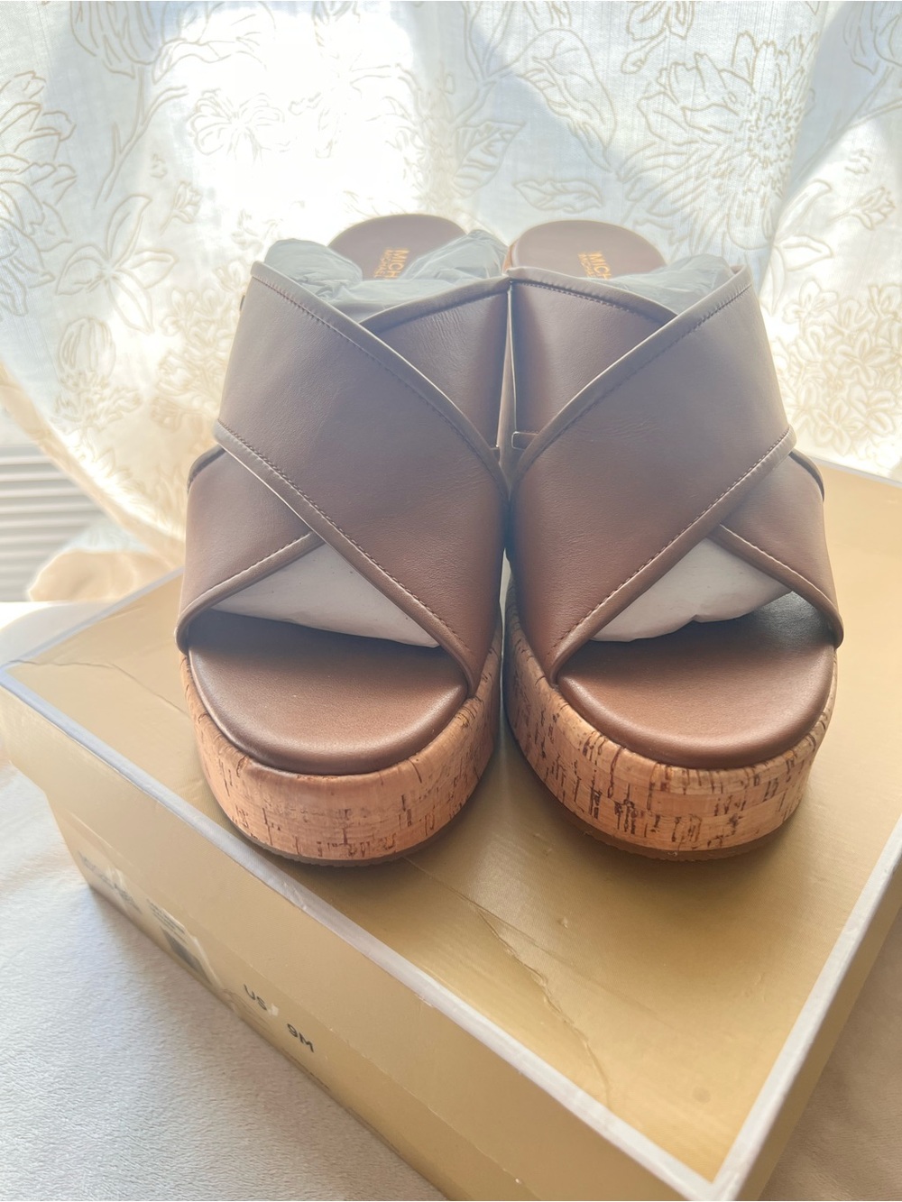 Michael Kors Brown Cary Wedge Crisscross Slide Leather Sandals